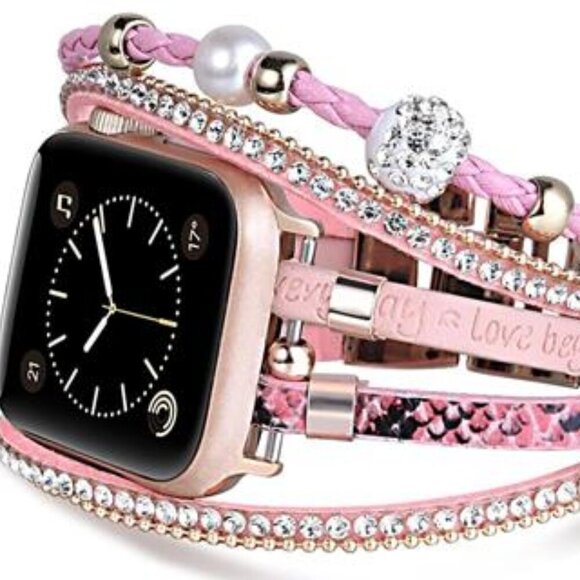 NEW Pink Boho Leather Beaded Apple iwatch Band